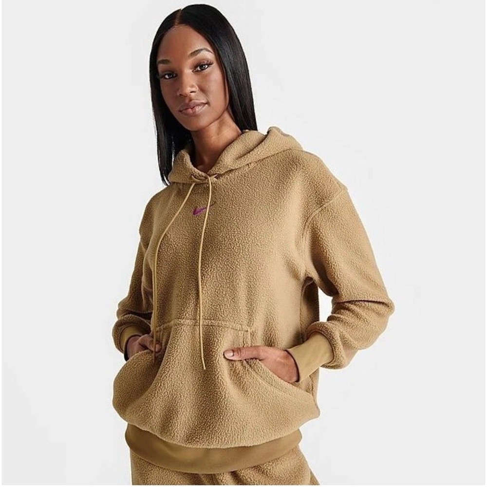 Women's Nike Teddy Best Plush Pullover Hoodie Sz Med Light Brown Pink Logo